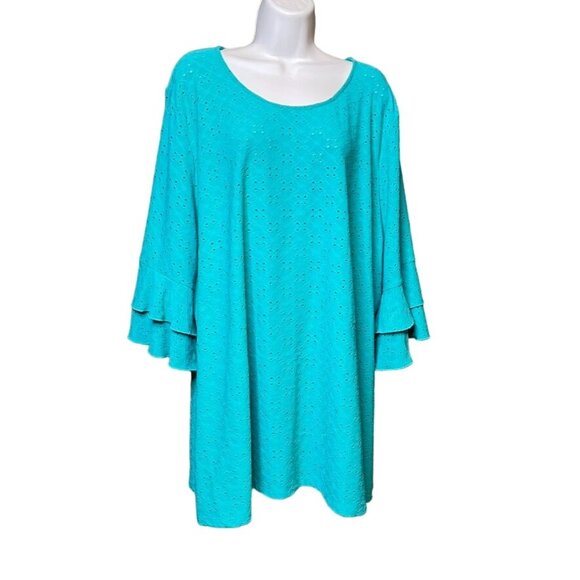 Avenue Womens Tunic Green Tunic Blouse Eyelet Shirt Bell Sleeve Plus Size 26 u - Picture 1 of 8